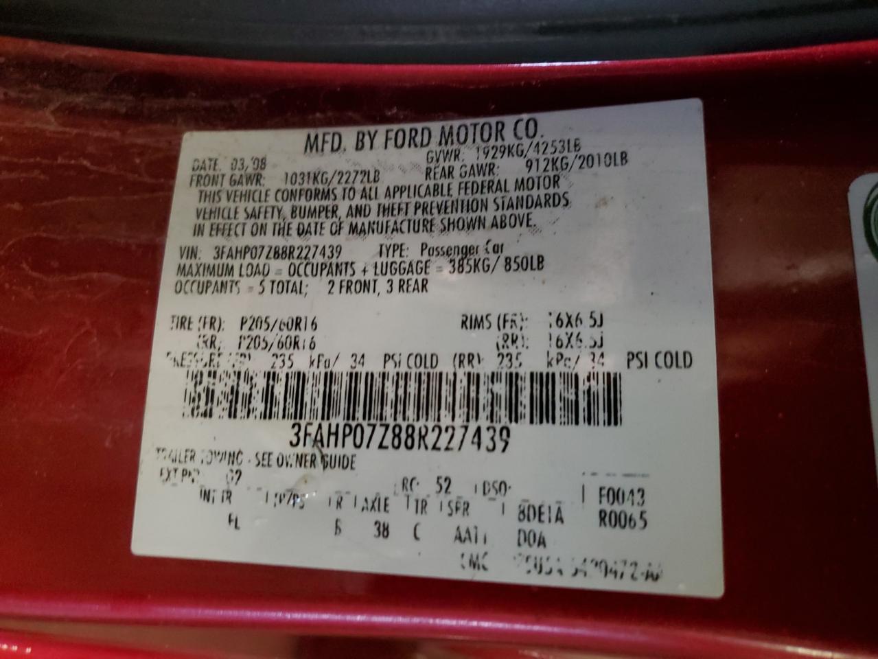 2008 Ford Fusion Se VIN: 3FAHP07Z88R227439 Lot: 82509815