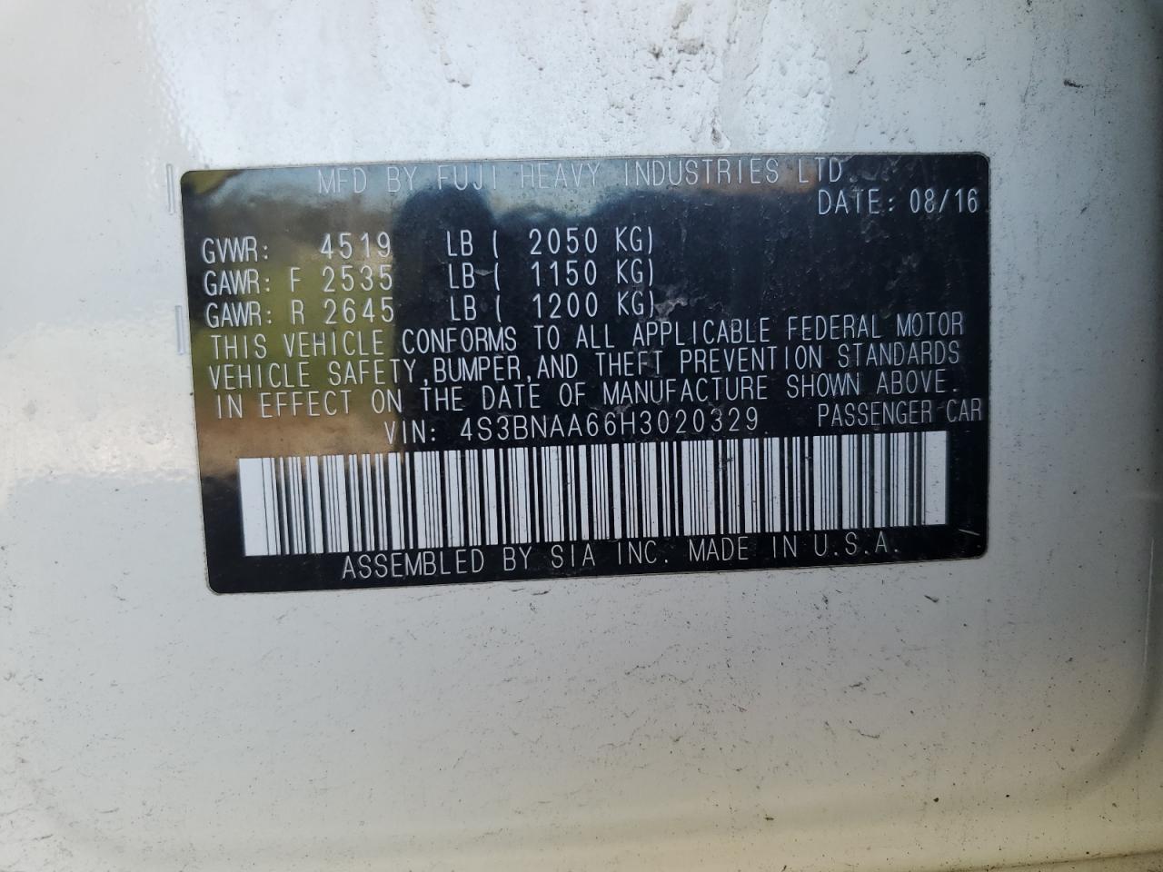 2017 Subaru Legacy 2.5I VIN: 4S3BNAA66H3020329 Lot: 82497865