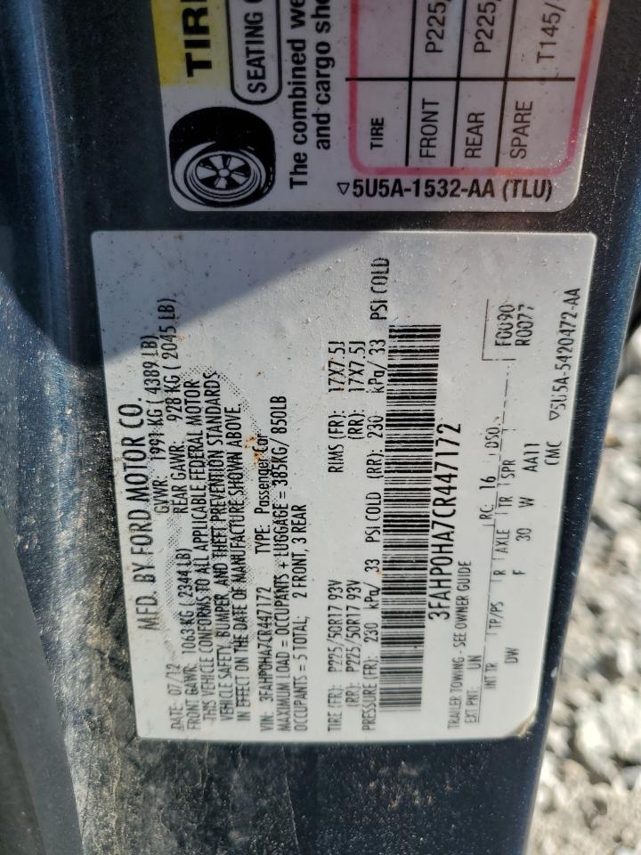 2012 Ford Fusion VIN: 3FAHP0HA7CR447172 Lot: 82344325