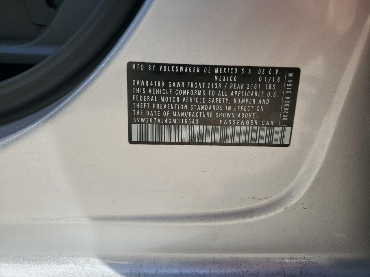 2016 Volkswagen Jetta S VIN: 3VW267AJ4GM316643 Lot: 85760915
