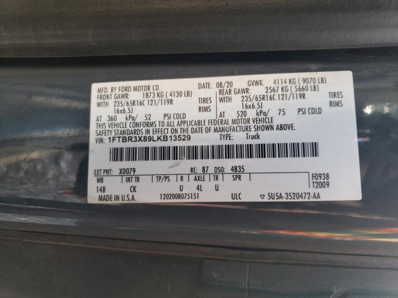 2020 Ford Transit 250 Delivery Van VIN: 1FTBR3X89LKB13529 Lot: 90246785