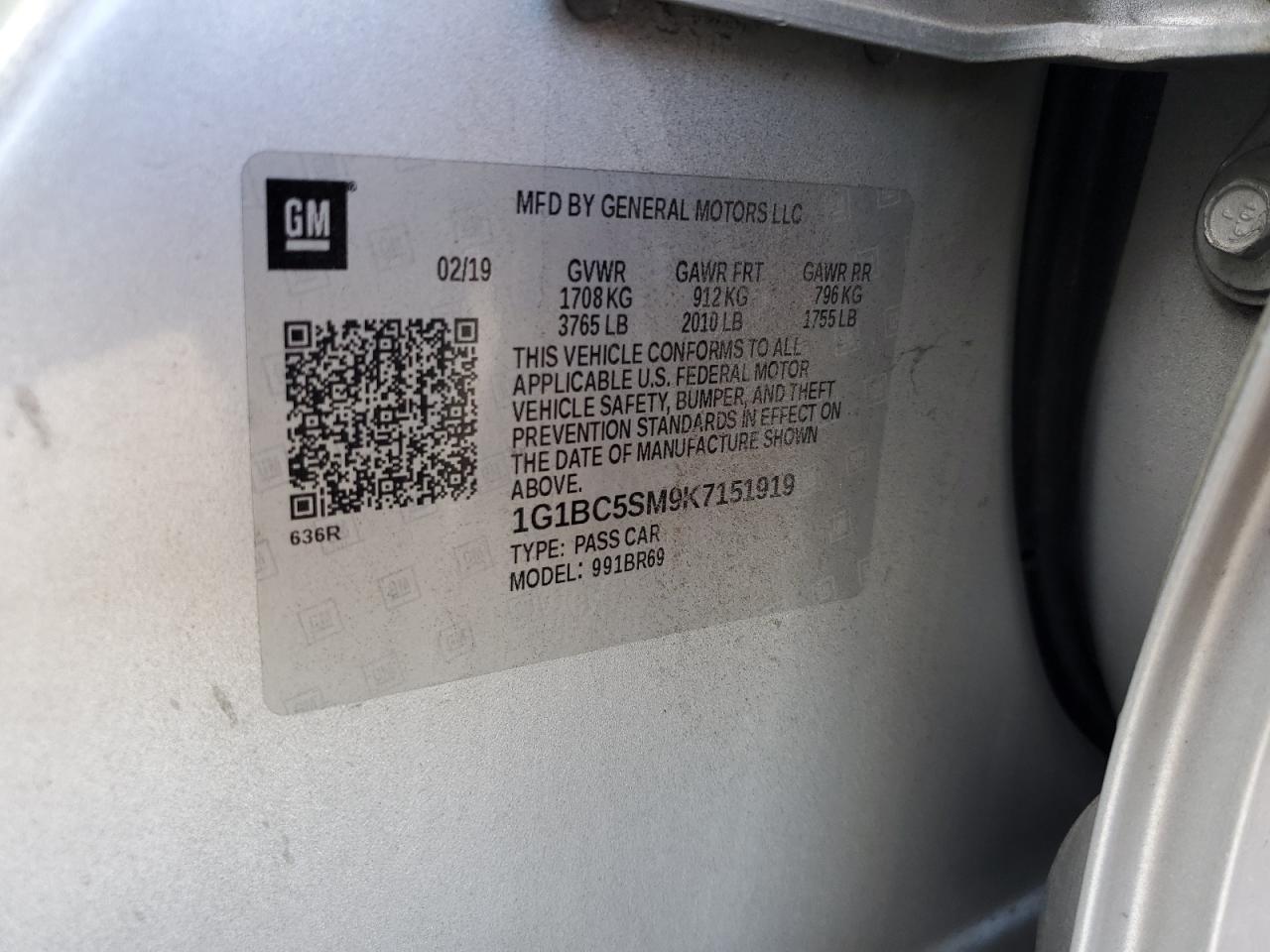 2019 Chevrolet Cruze Ls VIN: 1G1BC5SM9K7151919 Lot: 85908465