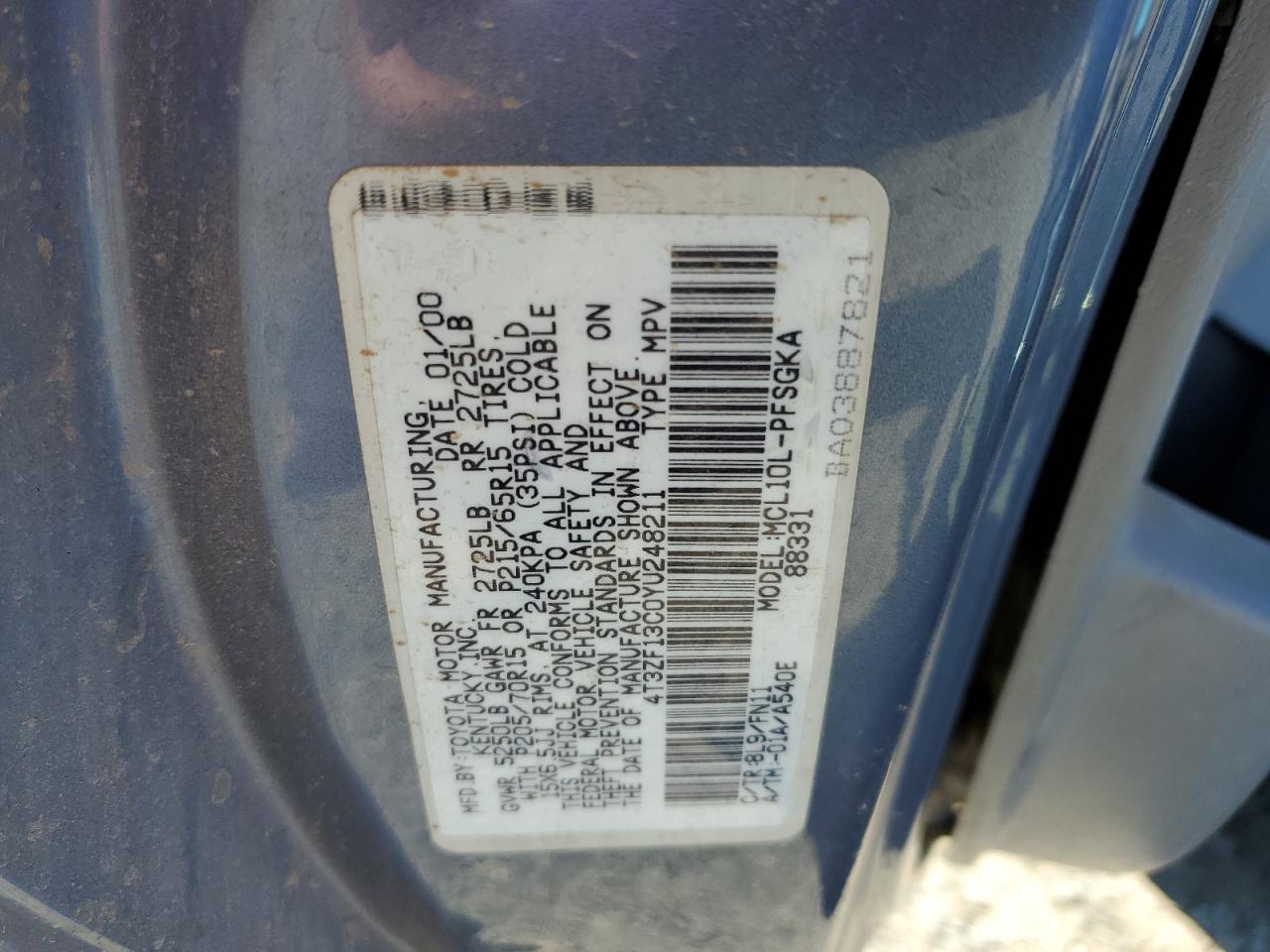 2000 Toyota Sienna Le VIN: 4T3ZF13C0YU248211 Lot: 85424175