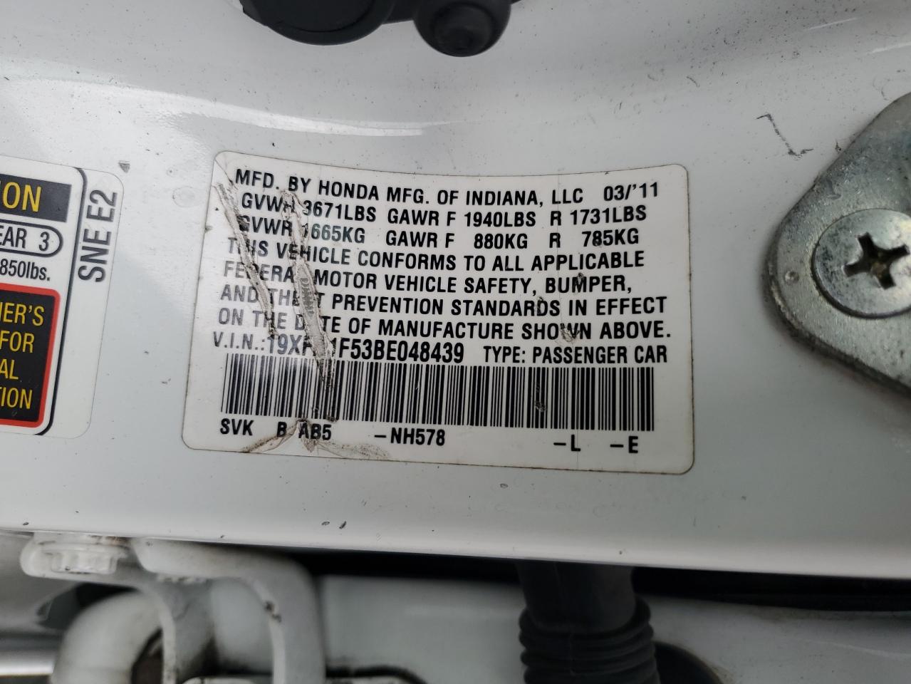 2011 Honda Civic Lx VIN: 19XFA1F53BE048439 Lot: 84885225