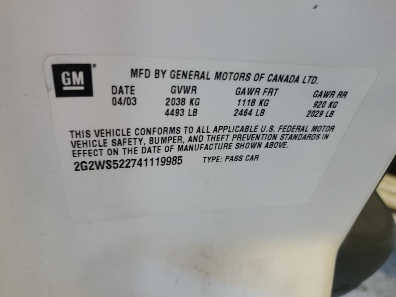 2004 Pontiac Grand Prix Gt2 VIN: 2G2WS522741119985 Lot: 86893245