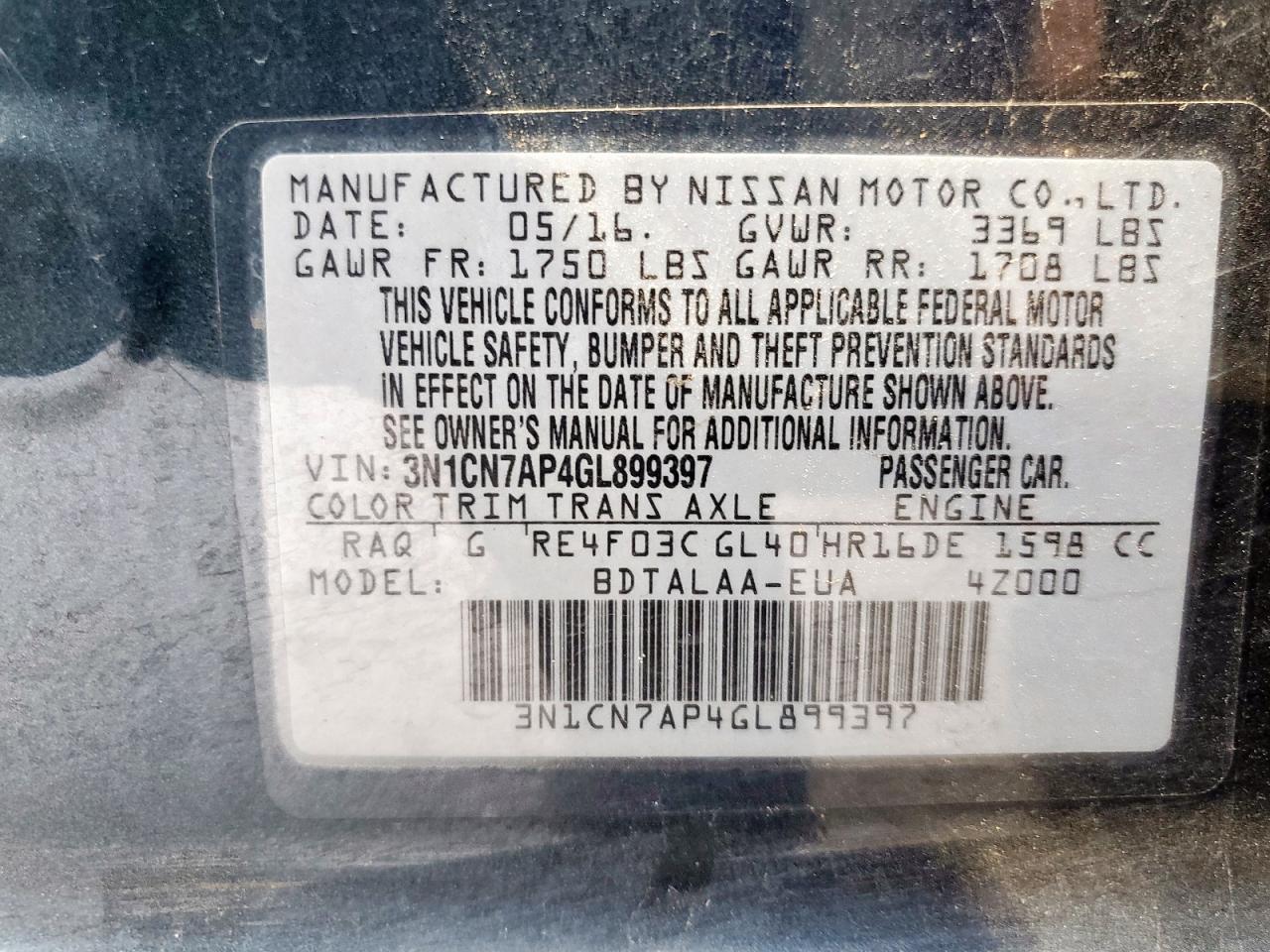 2016 Nissan Versa S VIN: 3N1CN7AP4GL899397 Lot: 85083965