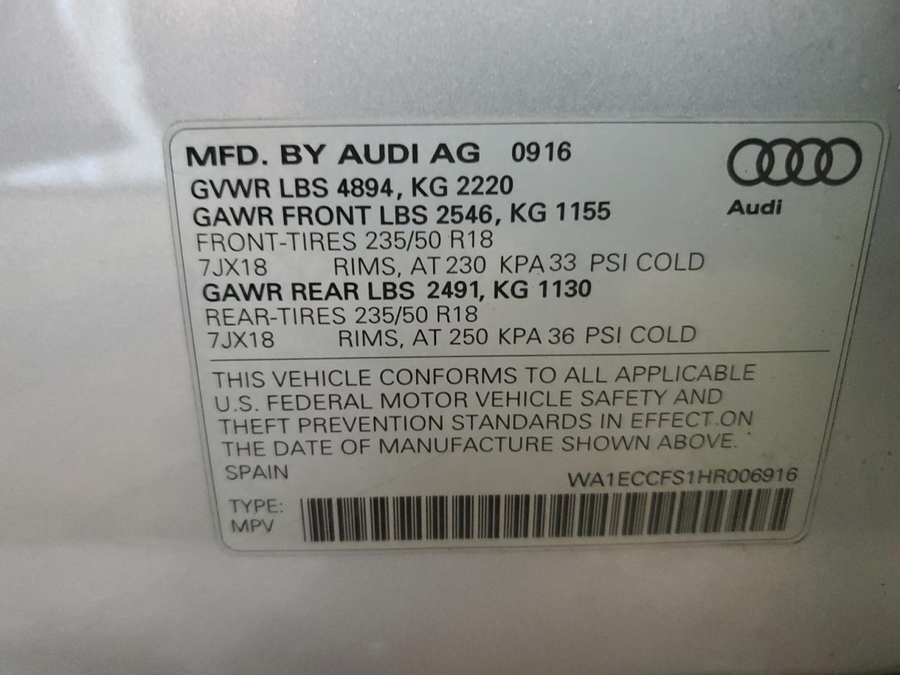 2017 Audi Q3 Premium VIN: WA1ECCFS1HR006916 Lot: 85907635