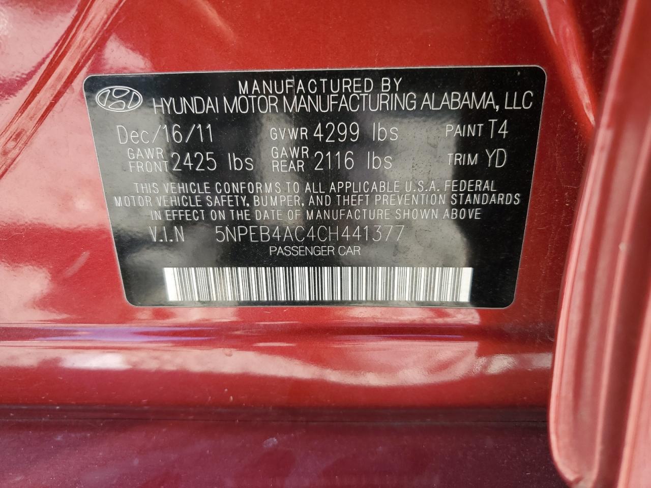 2012 Hyundai Sonata Gls VIN: 5NPEB4AC4CH441377 Lot: 87007065