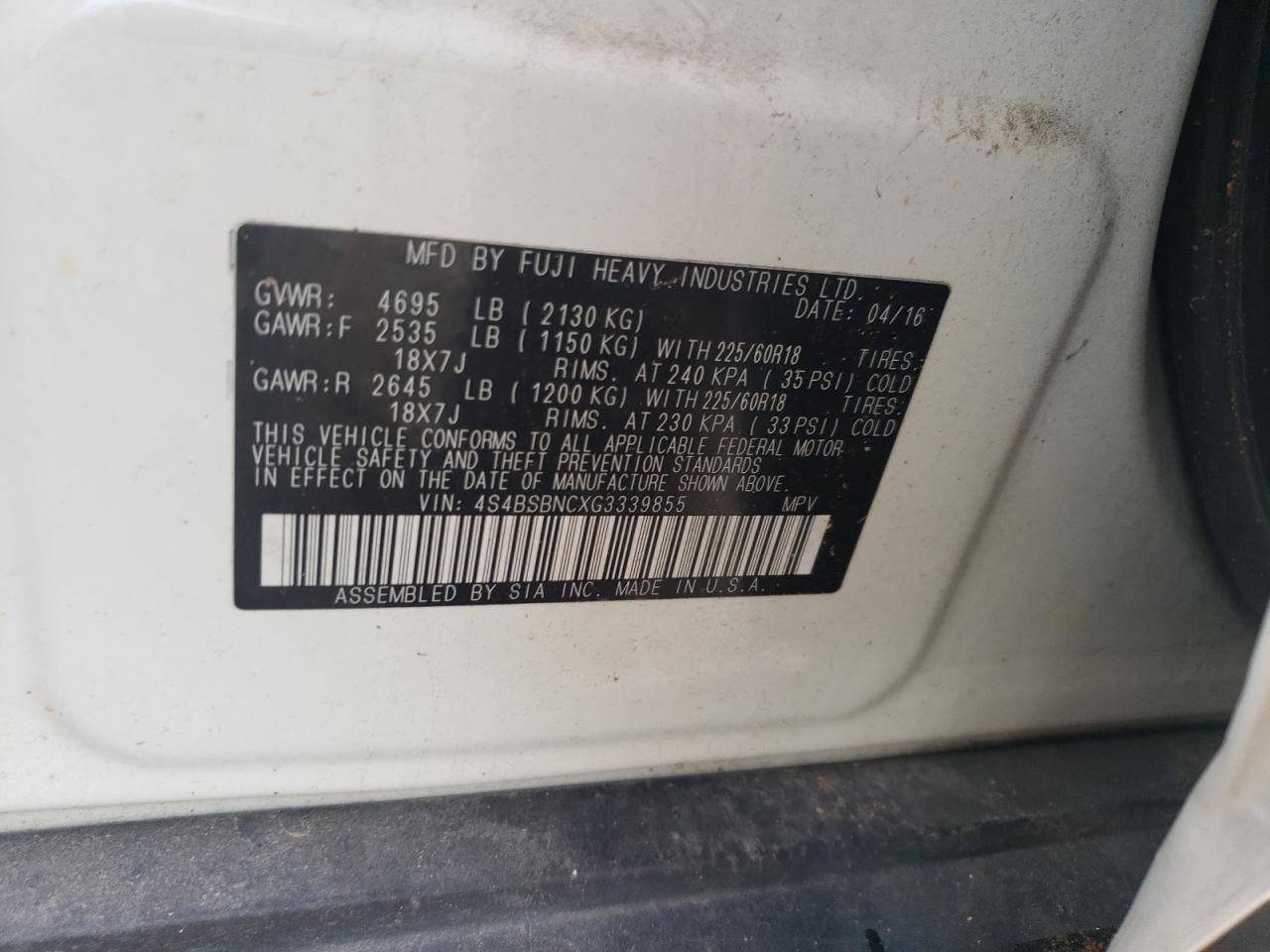 2016 Subaru Outback 2.5I Limited VIN: 4S4BSBNCXG3339855 Lot: 85744125