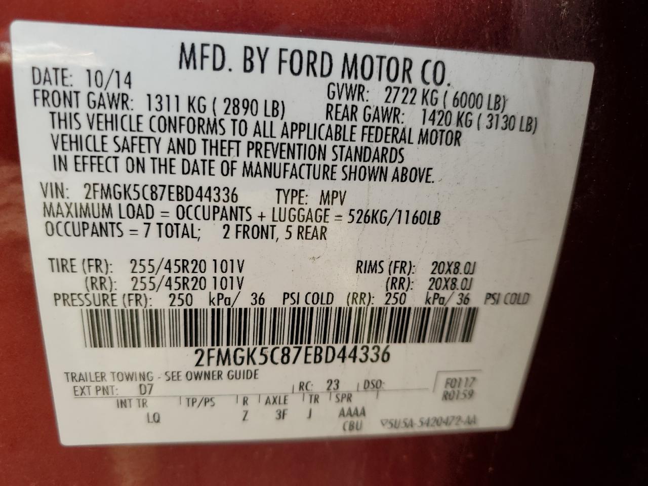 2014 Ford Flex Sel VIN: 2FMGK5C87EBD44336 Lot: 86642095