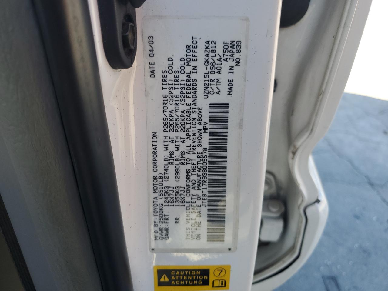 2003 Toyota 4Runner Limited VIN: JTEBT17R938005578 Lot: 85757085