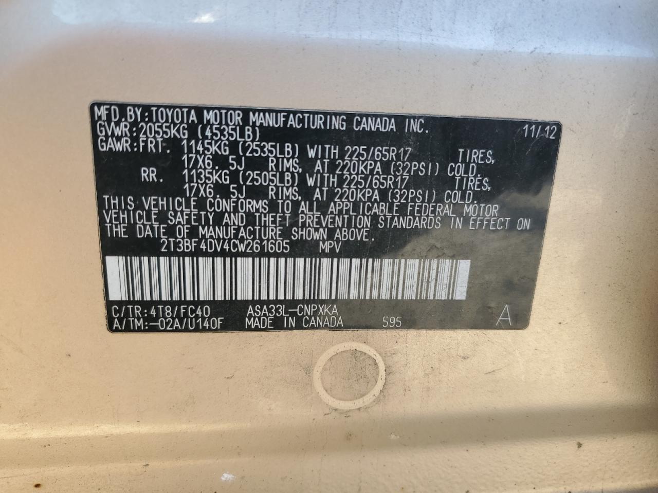 2012 Toyota Rav4 VIN: 2T3BF4DV4CW261605 Lot: 84942745