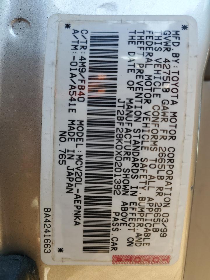 1999 Toyota Camry Le VIN: JT2BF28K0X0201392 Lot: 87364745