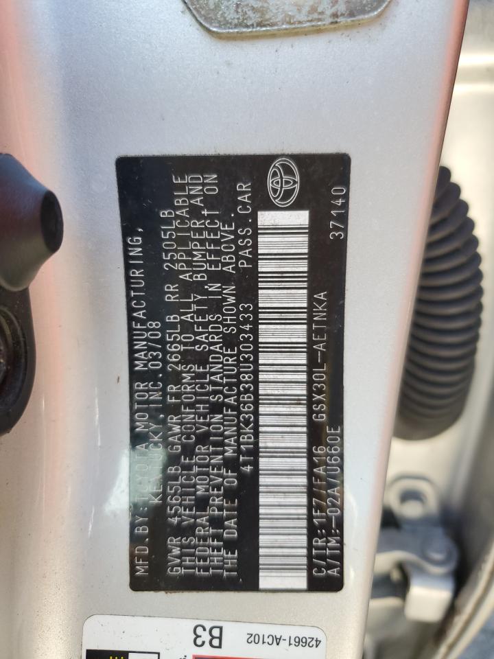 2008 Toyota Avalon Xl VIN: 4T1BK36B38U303433 Lot: 85855005