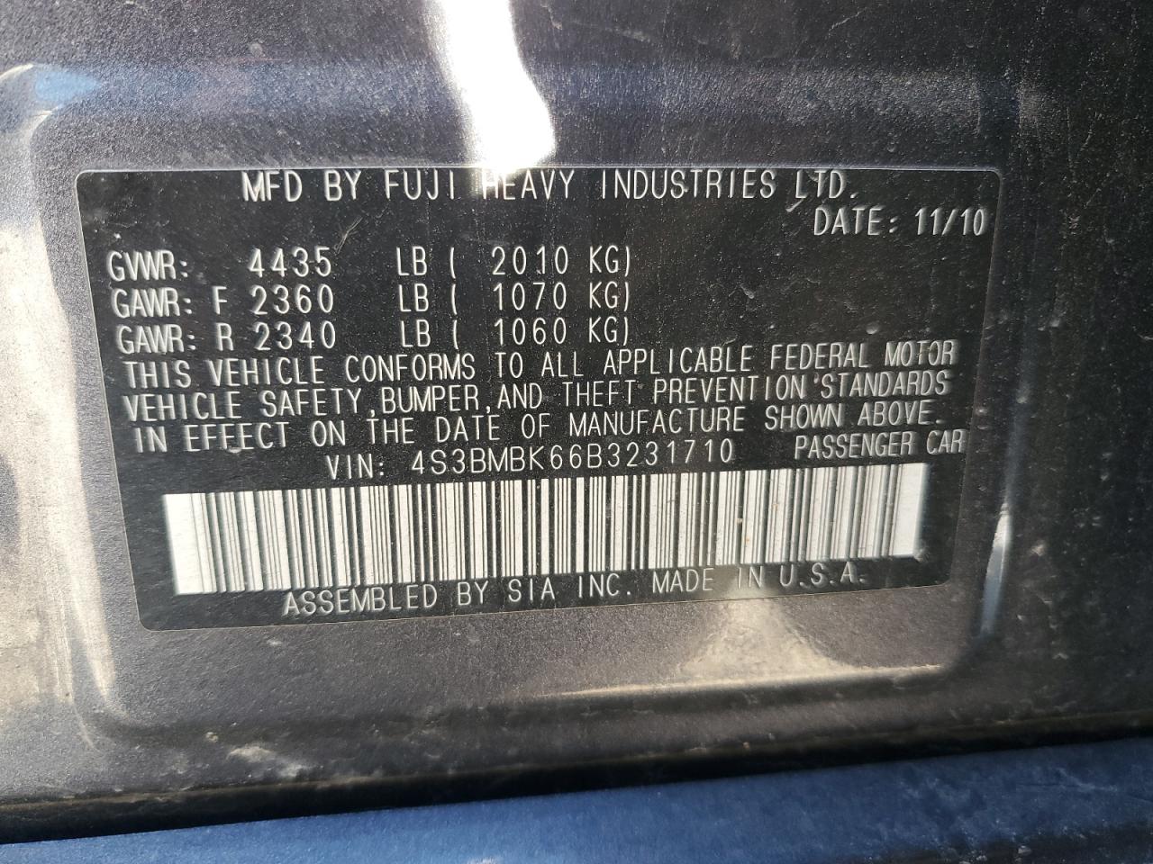 2011 Subaru Legacy 2.5I Limited VIN: 4S3BMBK66B3231710 Lot: 82330695