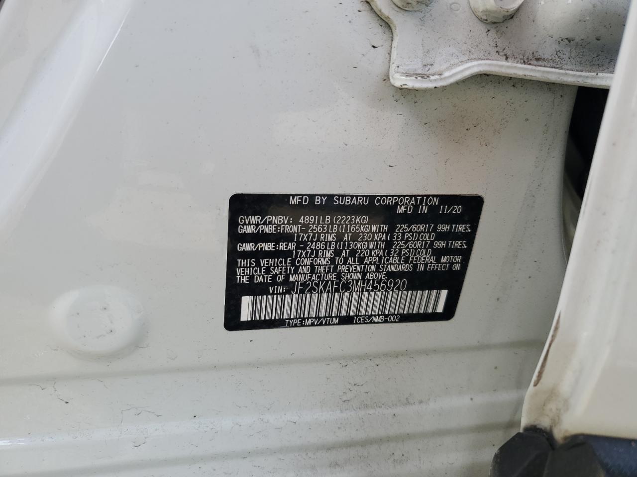 2021 Subaru Forester Premium VIN: JF2SKAFC3MH456920 Lot: 84901975