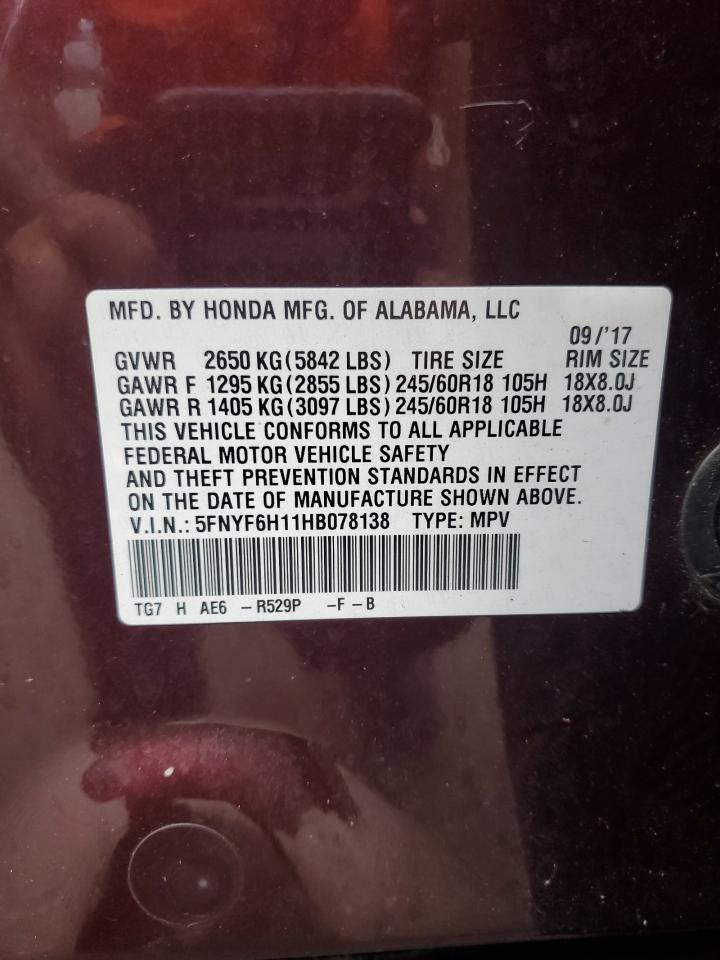2017 Honda Pilot Lx VIN: 5FNYF6H11HB078138 Lot: 85137375