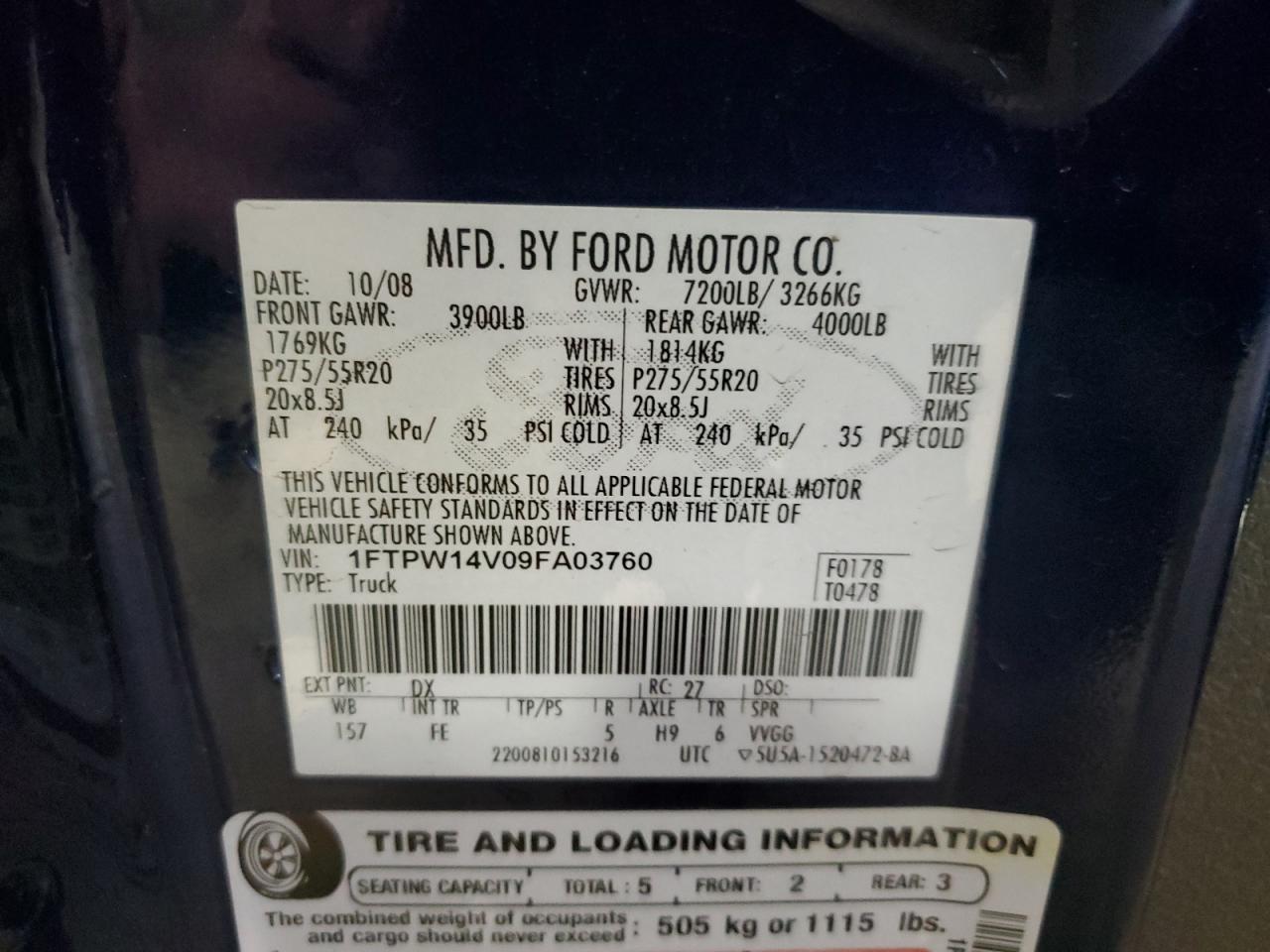 2009 Ford F150 Supercrew VIN: 1FTPW14V09FA03760 Lot: 90487975