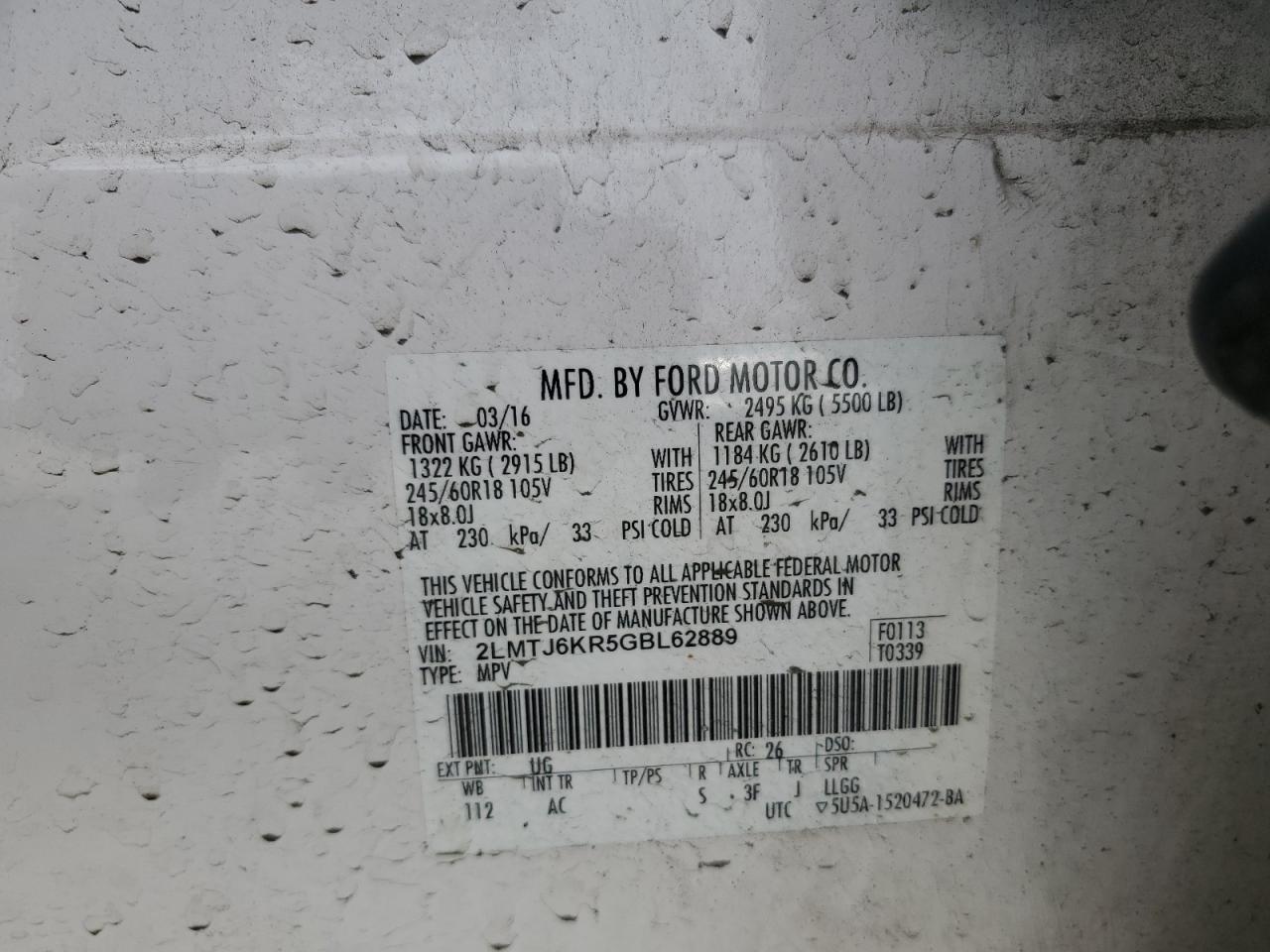 2016 Lincoln Mkx Select VIN: 2LMTJ6KR5GBL62889 Lot: 85681255