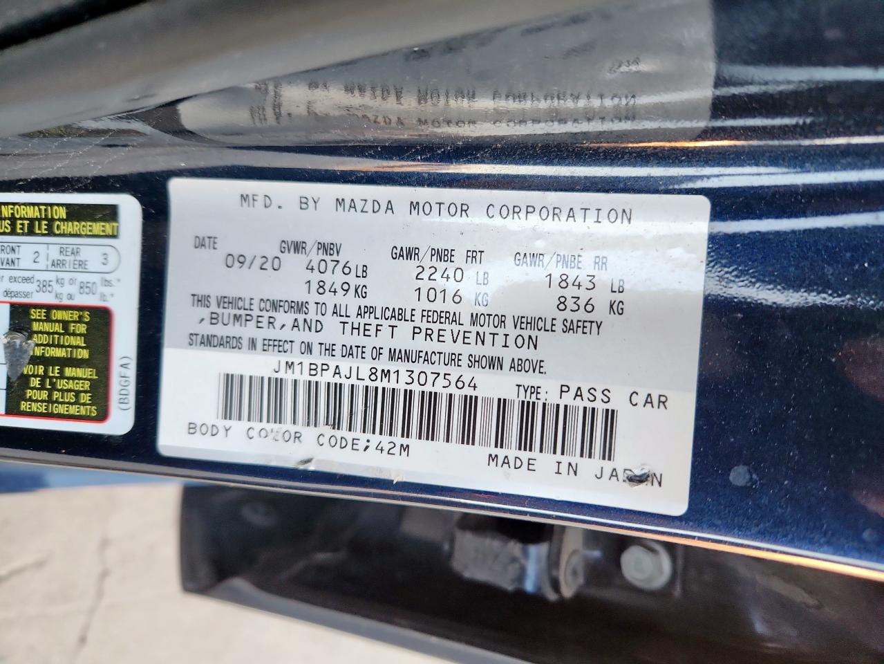 2021 Mazda 3 VIN: JM1BPAJL8M1307564 Lot: 85748445