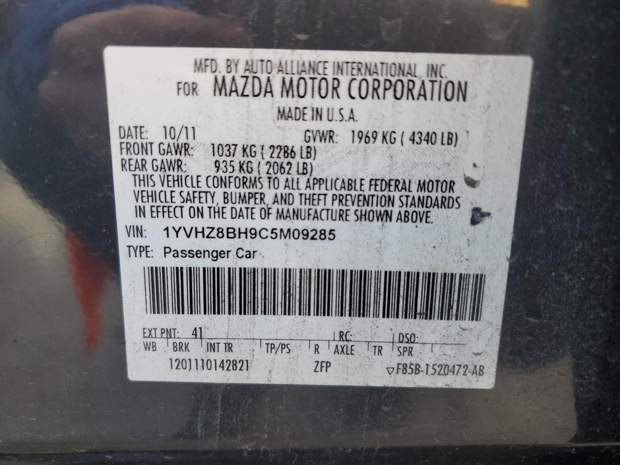 2012 Mazda 6 I VIN: 1YVHZ8BH9C5M09285 Lot: 82501615