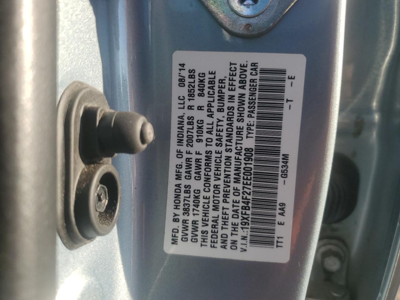 2014 Honda Civic Hybrid VIN: 19XFB4F27EE001908 Lot: 85585325