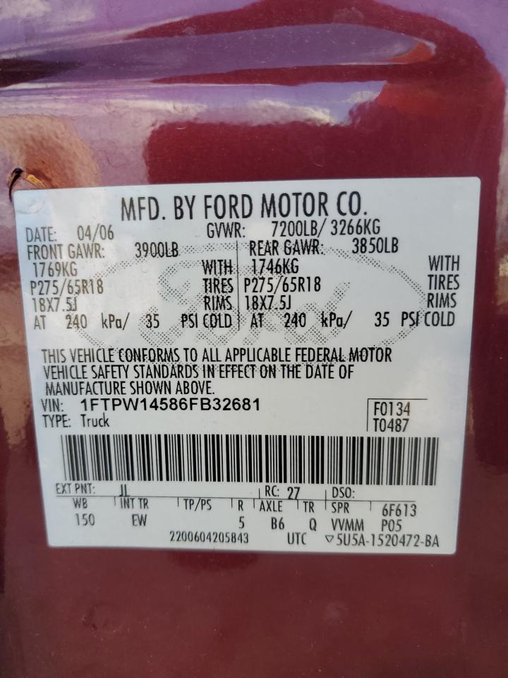 2006 Ford F150 Supercrew VIN: 1FTPW14586FB32681 Lot: 89877755