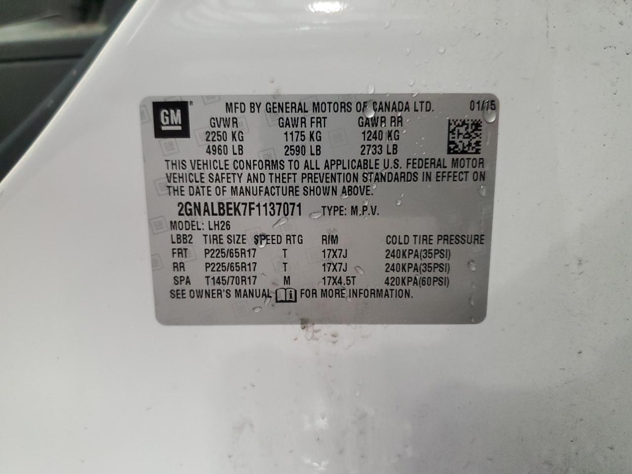 2015 Chevrolet Equinox Lt VIN: 2GNALBEK7F1137071 Lot: 84922775