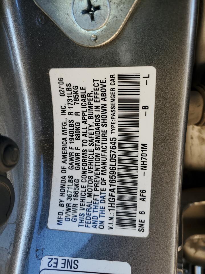 2006 Honda Civic Lx VIN: 1HGFA16596L057645 Lot: 84817995