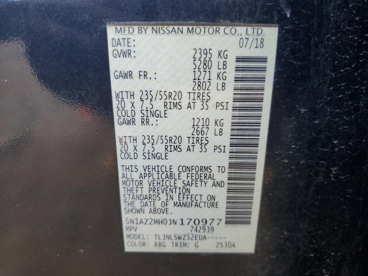 2018 Nissan Murano S VIN: 5N1AZ2MH0JN170977 Lot: 82186545