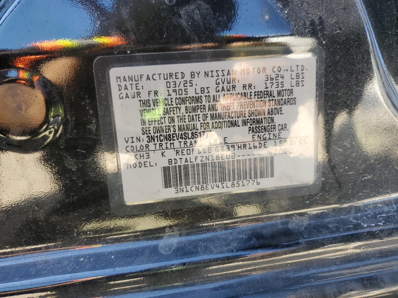 2025 Nissan Versa Sv VIN: 3N1CN8EV4SL851776 Lot: 84916485