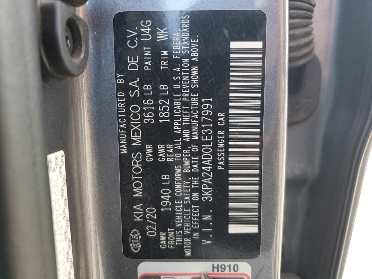 2020 Kia Rio Lx VIN: 3KPA24AD0LE317991 Lot: 82307595