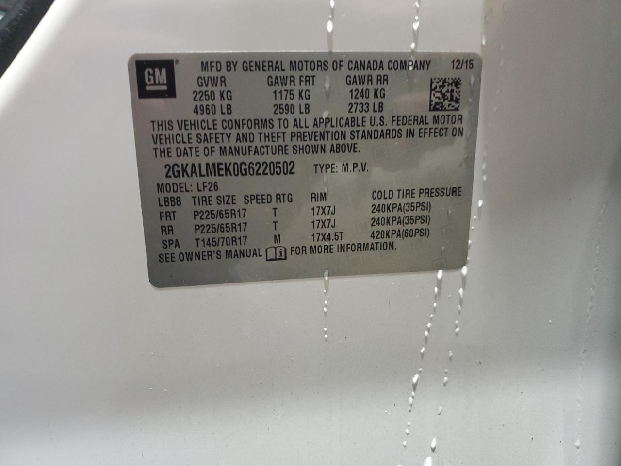 2016 GMC Terrain Sle VIN: 2GKALMEK0G6220502 Lot: 86099405