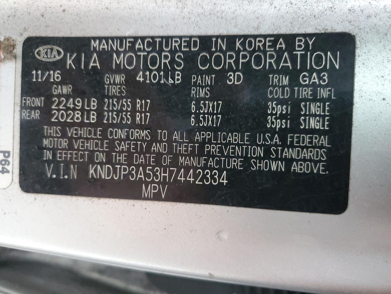 2017 Kia Soul + VIN: KNDJP3A53H7442334 Lot: 82479015