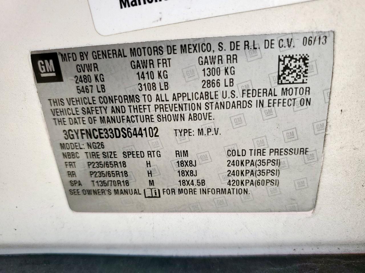 2013 Cadillac Srx Luxury Collection VIN: 3GYFNCE33DS644102 Lot: 86893955