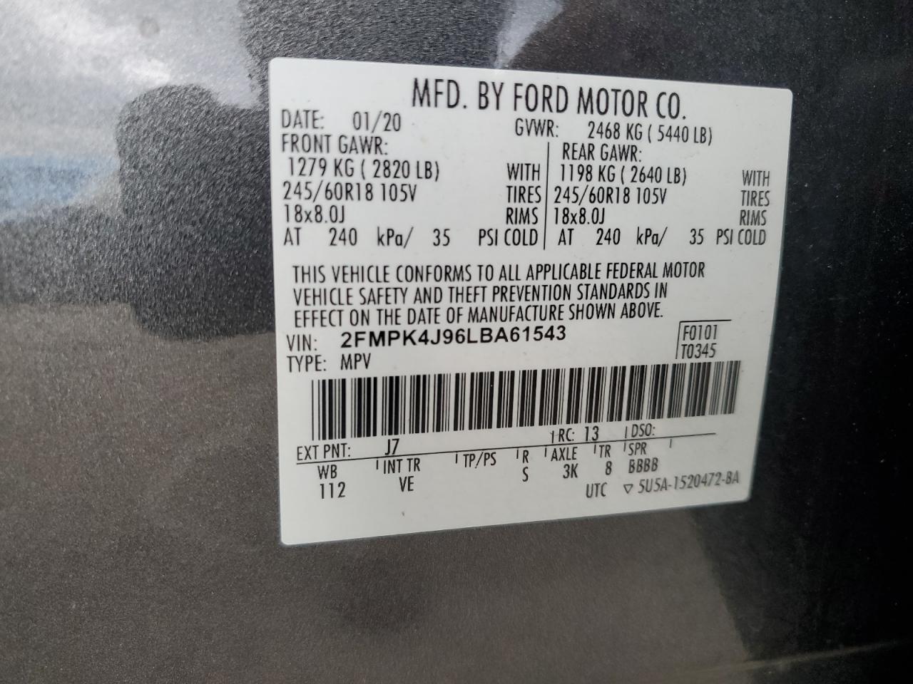 2020 Ford Edge Sel VIN: 2FMPK4J96LBA61543 Lot: 87197545