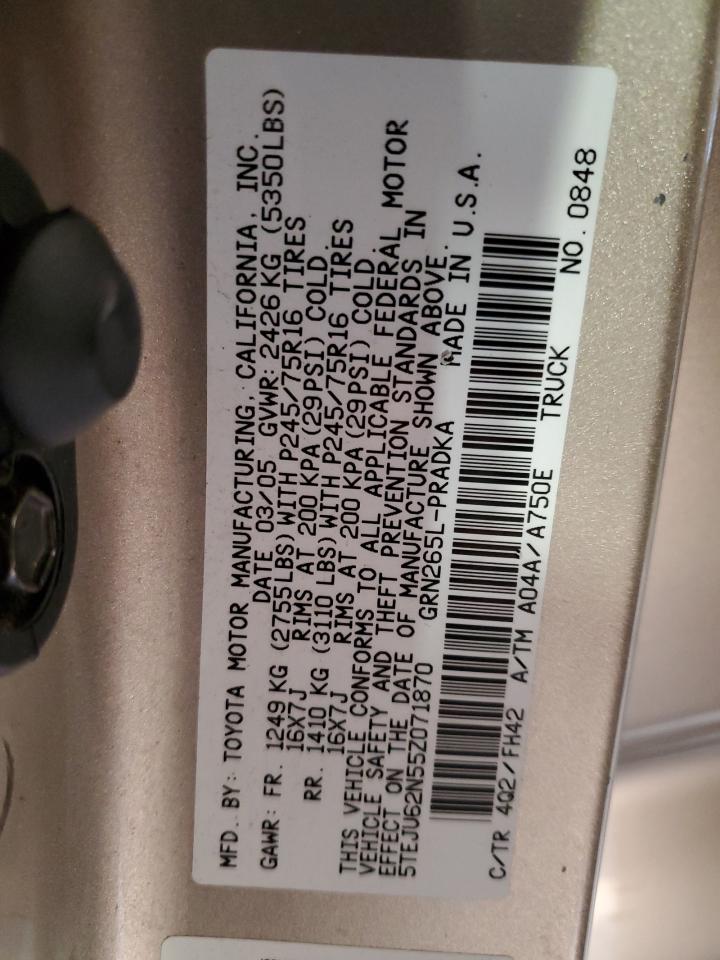 2005 Toyota Tacoma Double Cab Prerunner VIN: 5TEJU62N55Z071870 Lot: 86859095