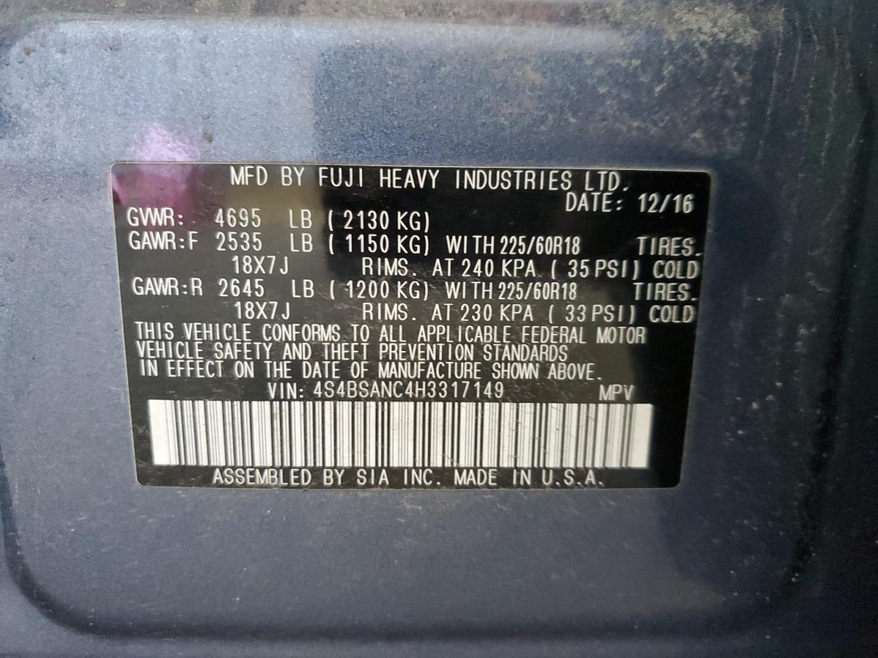 2017 Subaru Outback 2.5I Limited VIN: 4S4BSANC4H3317149 Lot: 85329925