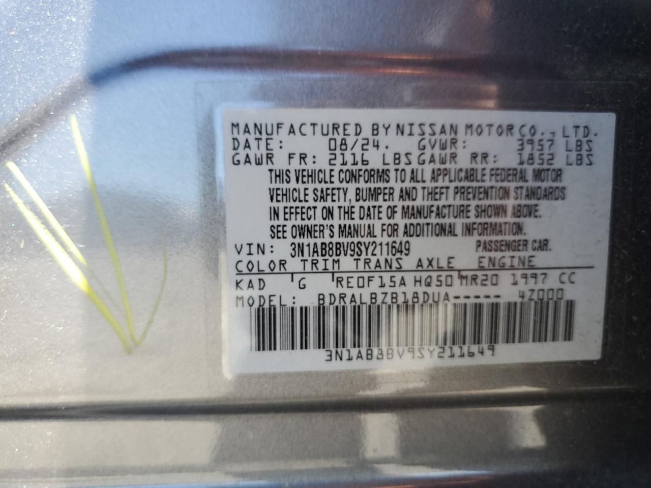 2025 Nissan Sentra S VIN: 3N1AB8BV9SY211649 Lot: 86160215