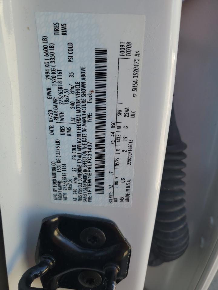 2020 Ford F150 Supercrew VIN: 1FTEW1EP6LFC31437 Lot: 87069345