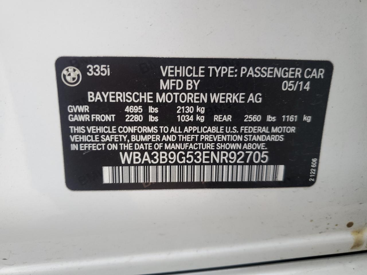 2014 BMW 335 Xi VIN: WBA3B9G53ENR92705 Lot: 86295845