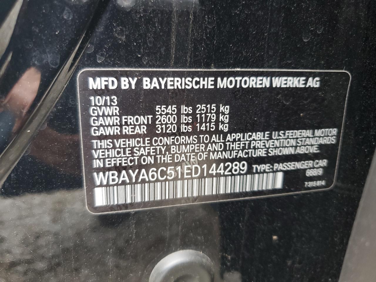 2014 BMW 740 I VIN: WBAYA6C51ED144289 Lot: 82503675