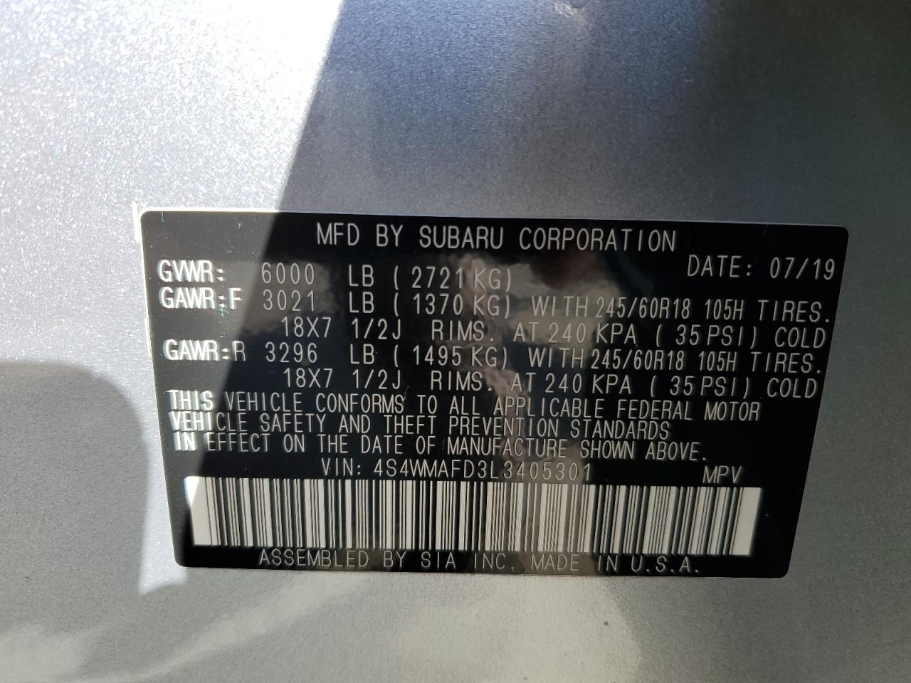 2020 Subaru Ascent Premium VIN: 4S4WMAFD3L3405301 Lot: 84291115