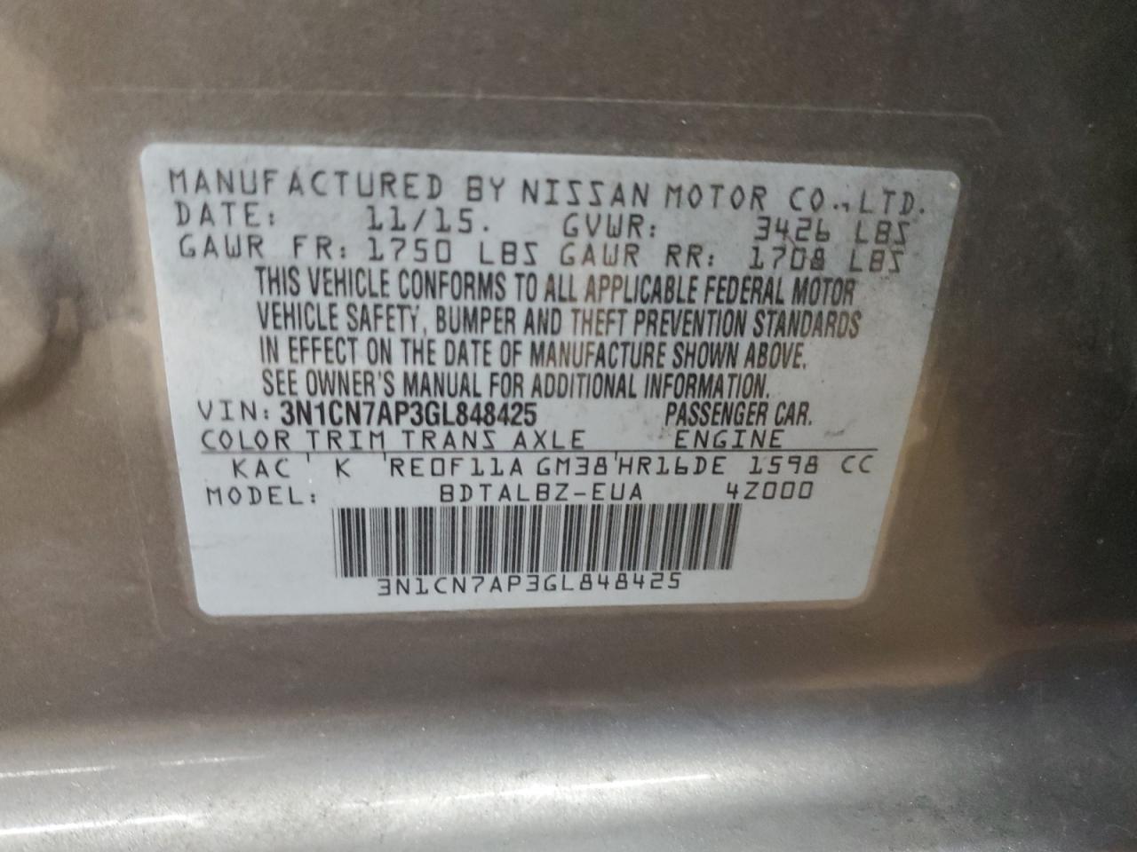 2016 Nissan Versa S VIN: 3N1CN7AP3GL848425 Lot: 84479505