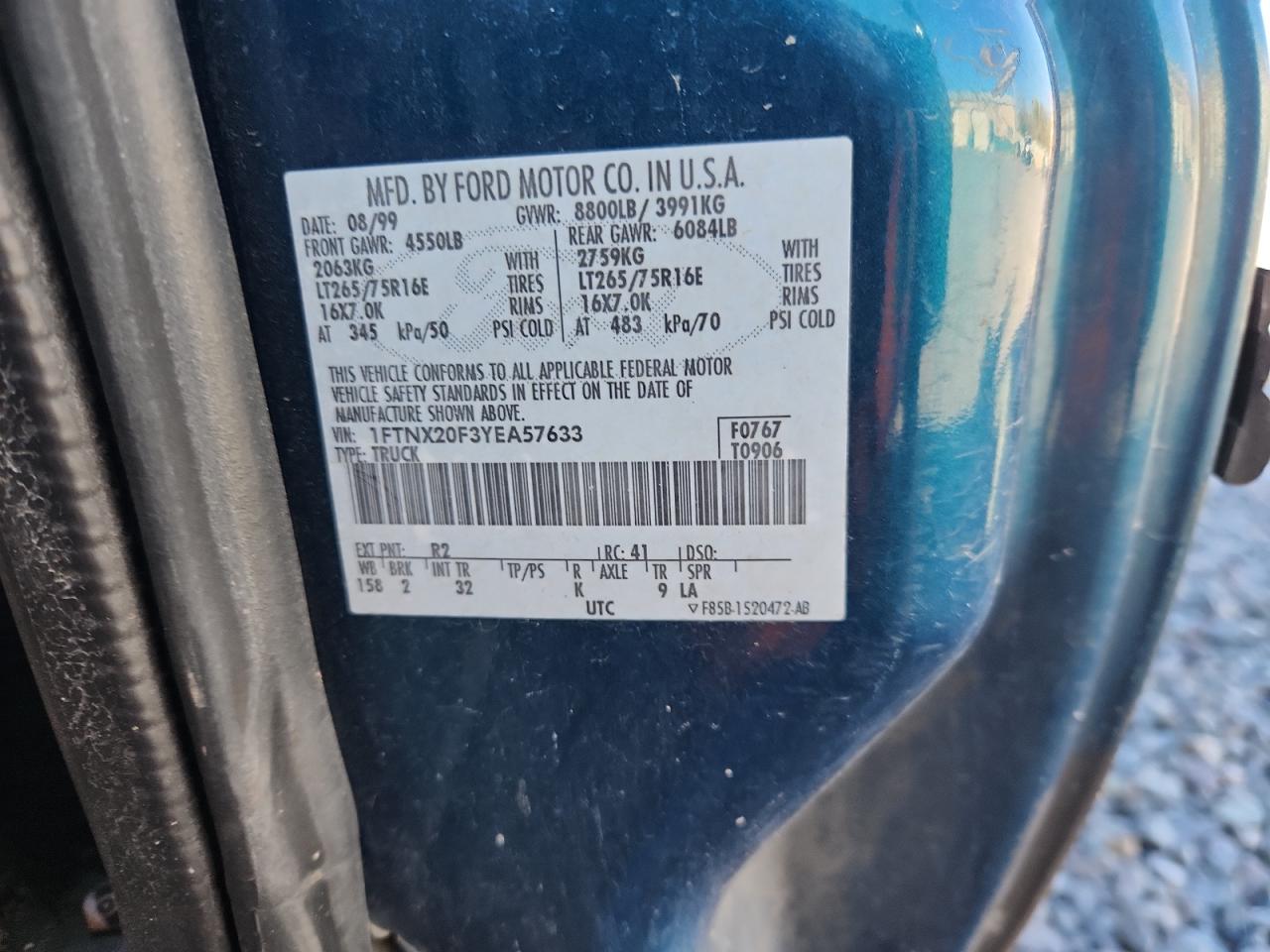 2000 Ford F250 Super Duty VIN: 1FTNX20F3YEA57633 Lot: 85397675