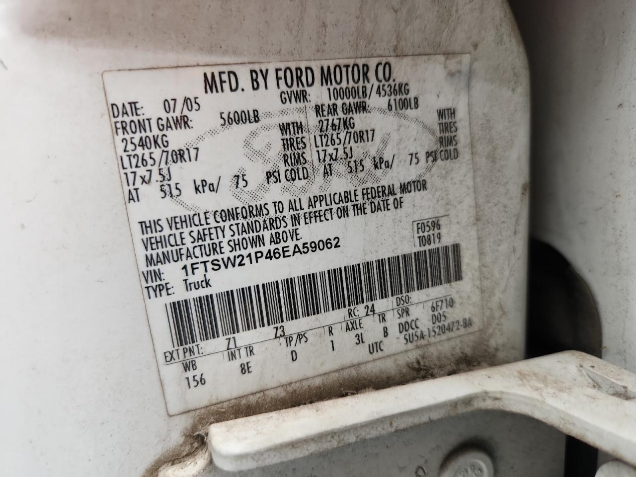 2006 Ford F250 Super Duty VIN: 1FTSW21P46EA59062 Lot: 83824585