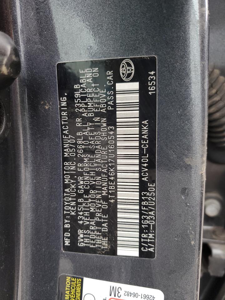 2007 Toyota Camry Ce VIN: 4T1BE46K17U160543 Lot: 87450455