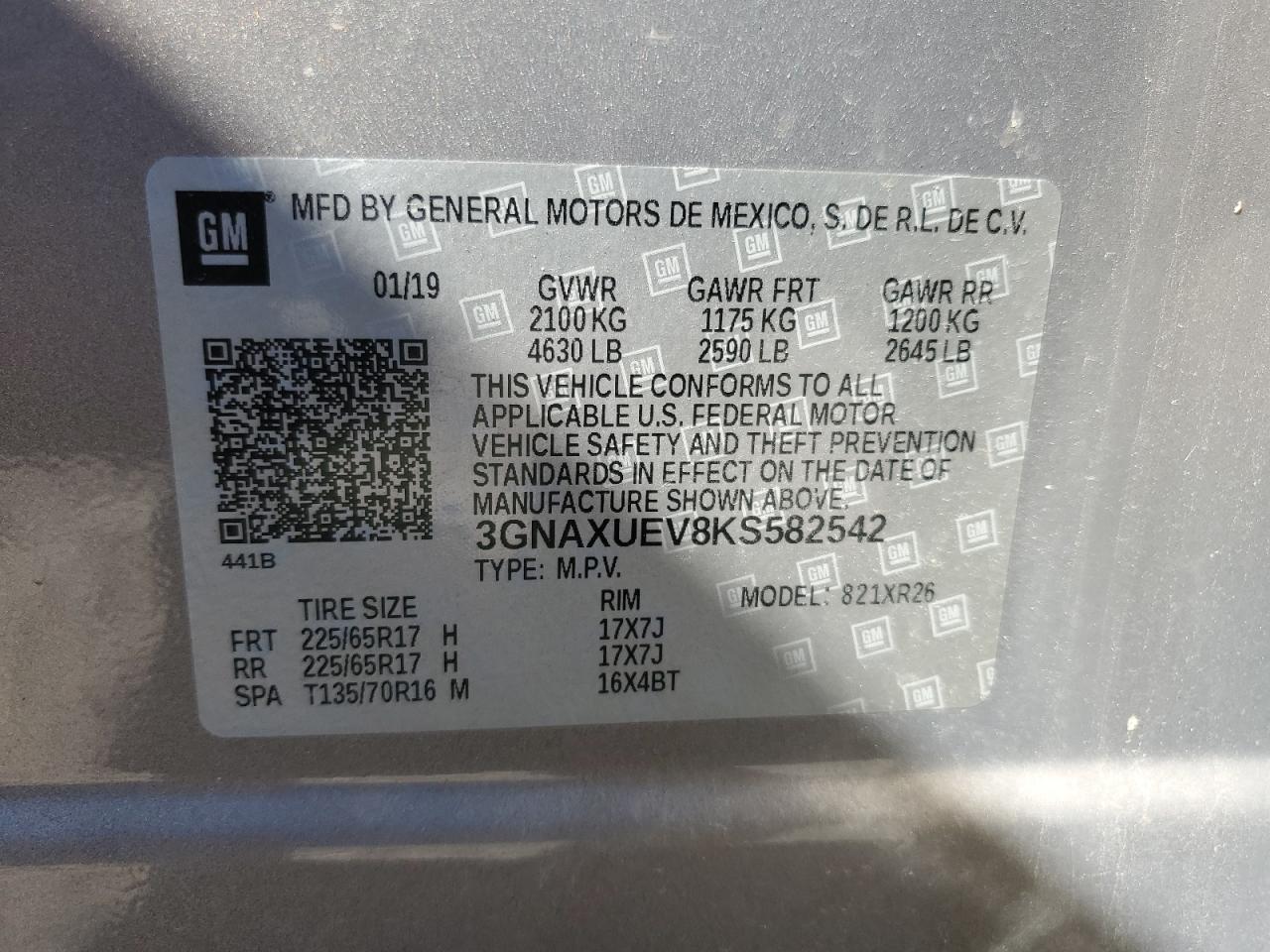 2019 Chevrolet Equinox Lt VIN: 3GNAXUEV8KS582542 Lot: 84598405