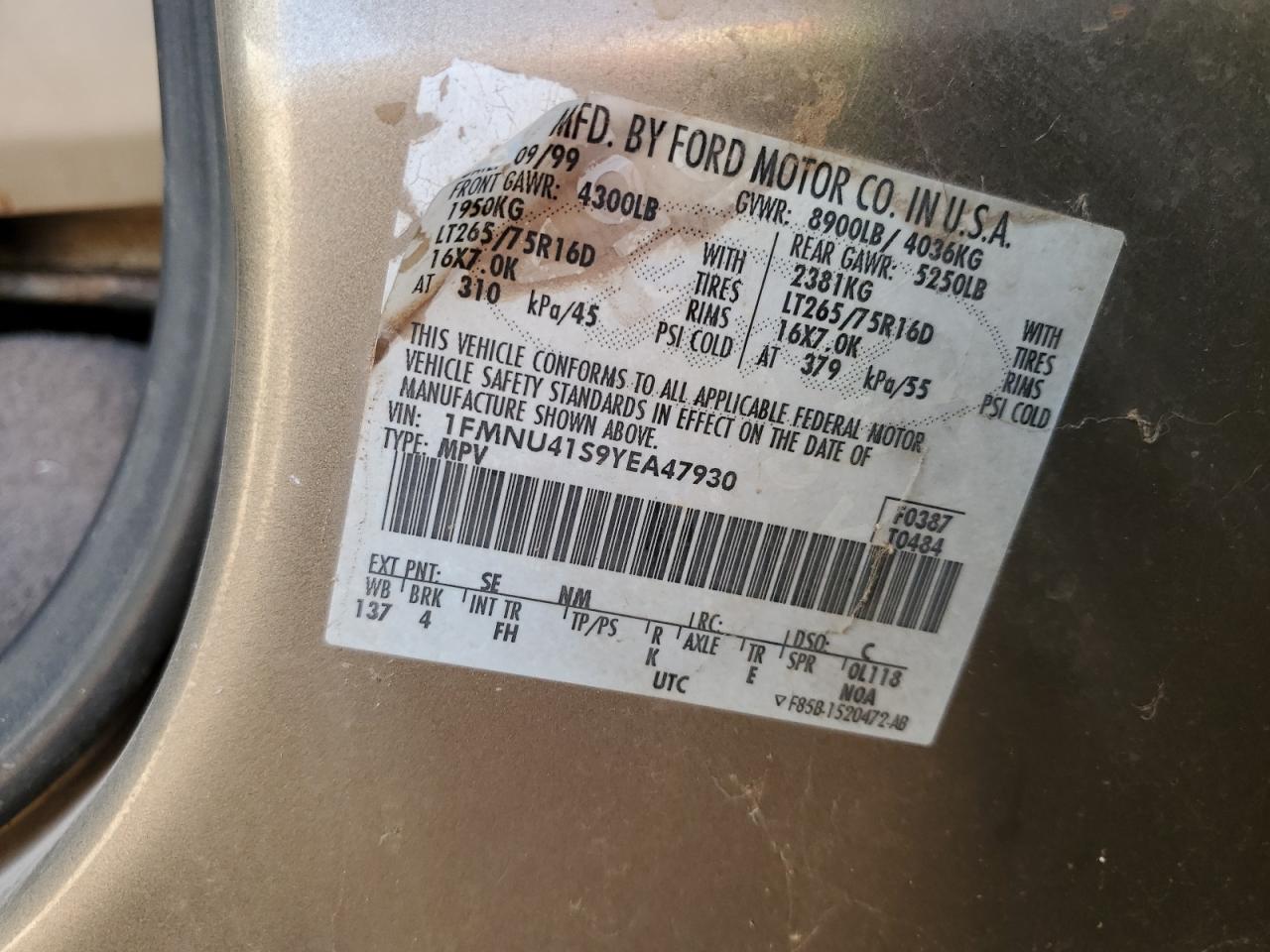 2000 Ford Excursion Xlt VIN: 1FMNU41S9YEA47930 Lot: 81976575