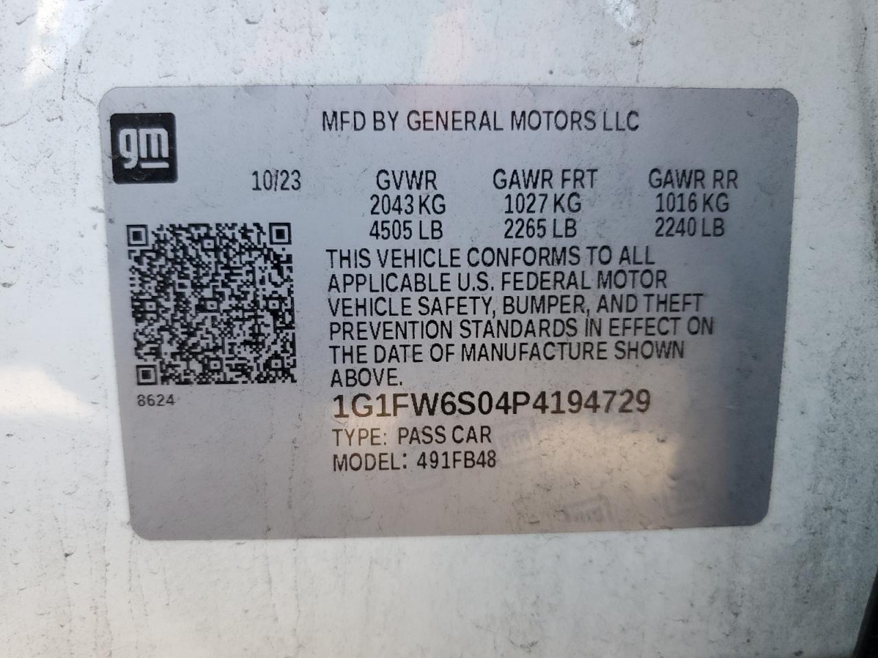 2023 Chevrolet Bolt Ev 1Lt VIN: 1G1FW6S04P4194729 Lot: 84246475